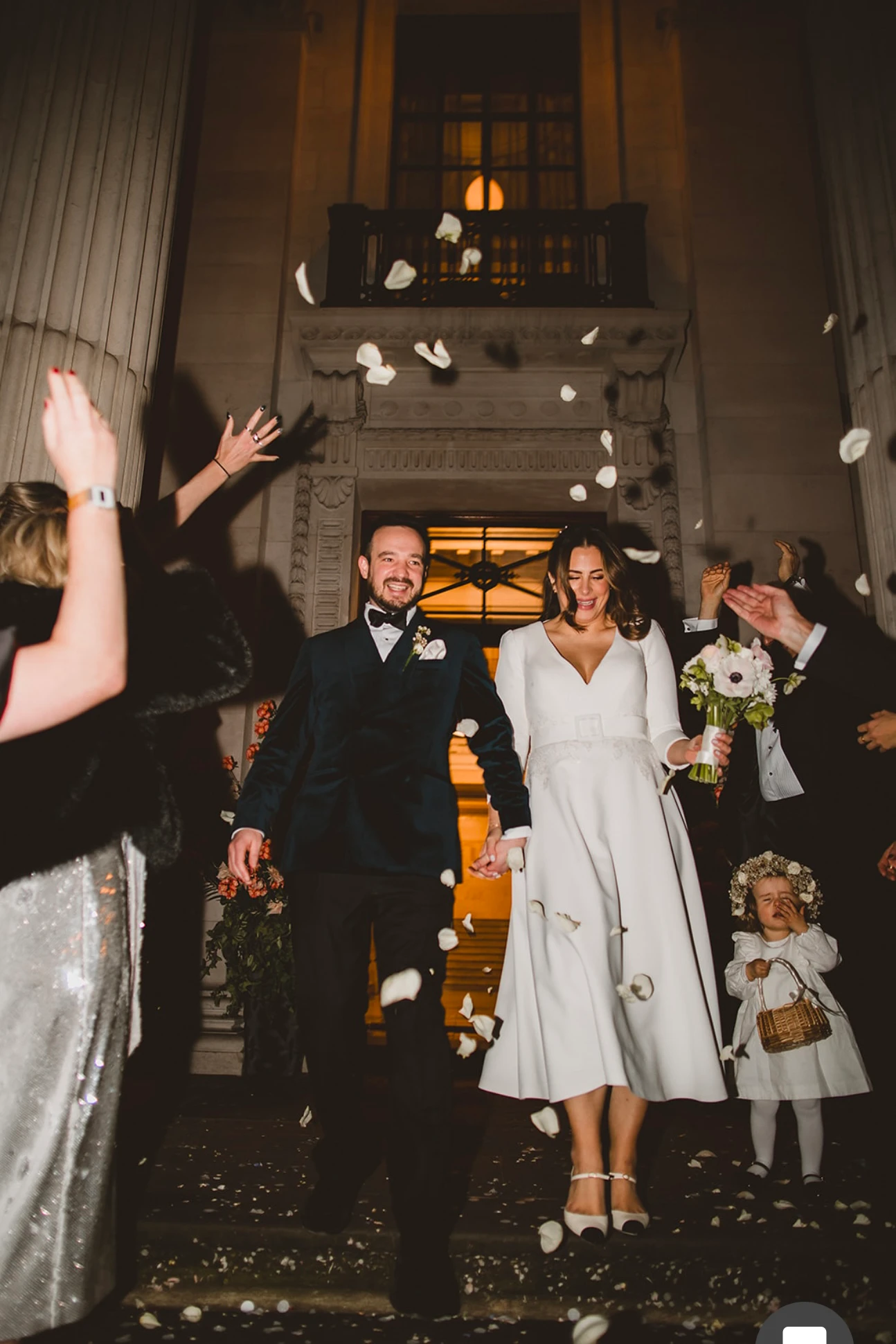 Custom silk wool crepe wedding dress with a handmade belt and silver chantilly lace detail