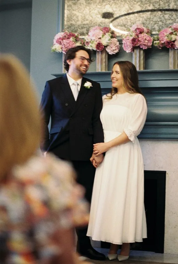 Custom silk chiffon wedding dress with a strapless crepe underlayer, made for a courthouse elopement