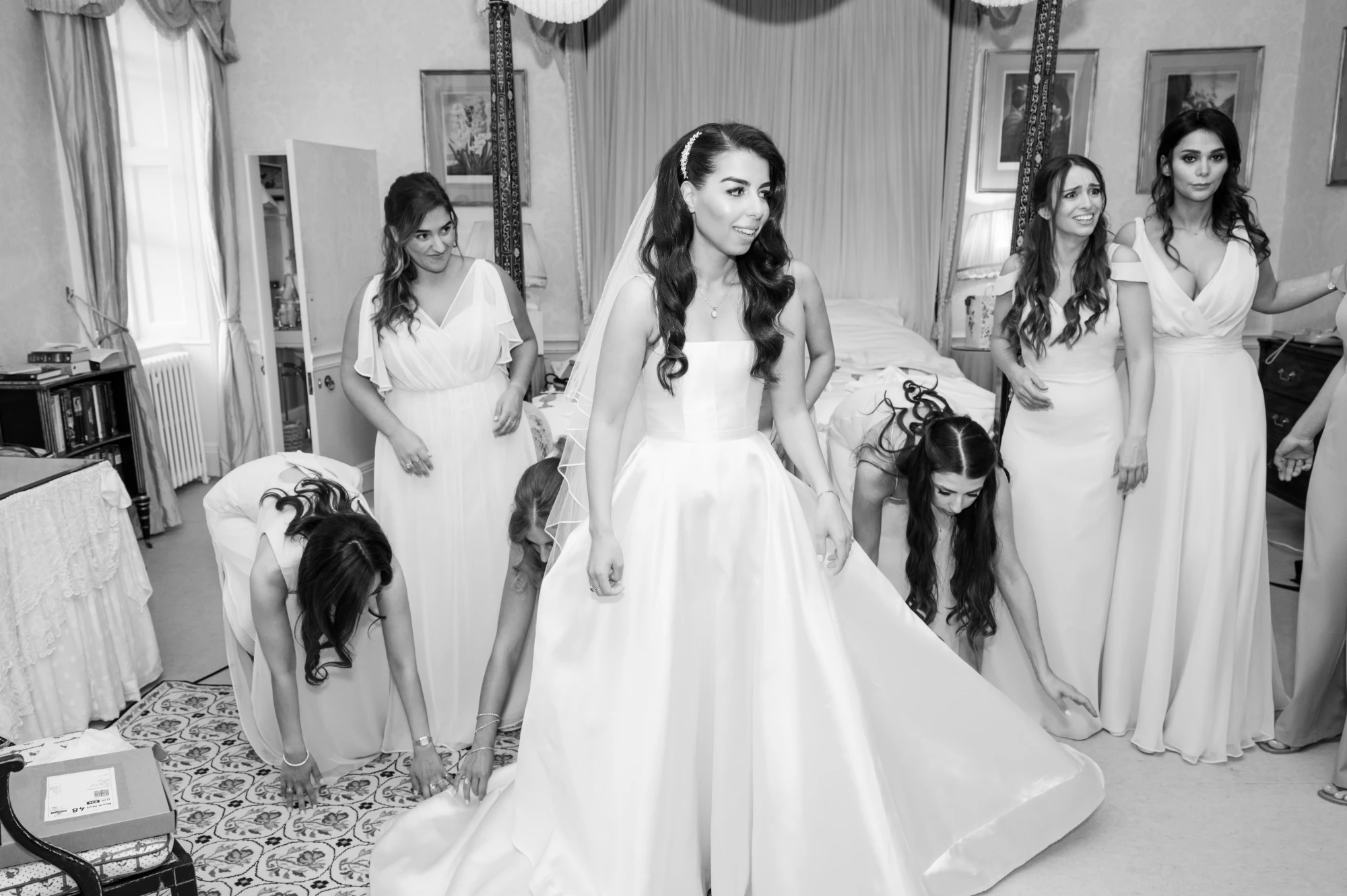 Custom silk mikado ballgown wedding dress with box pleats and deep pockets, old Hollywood style