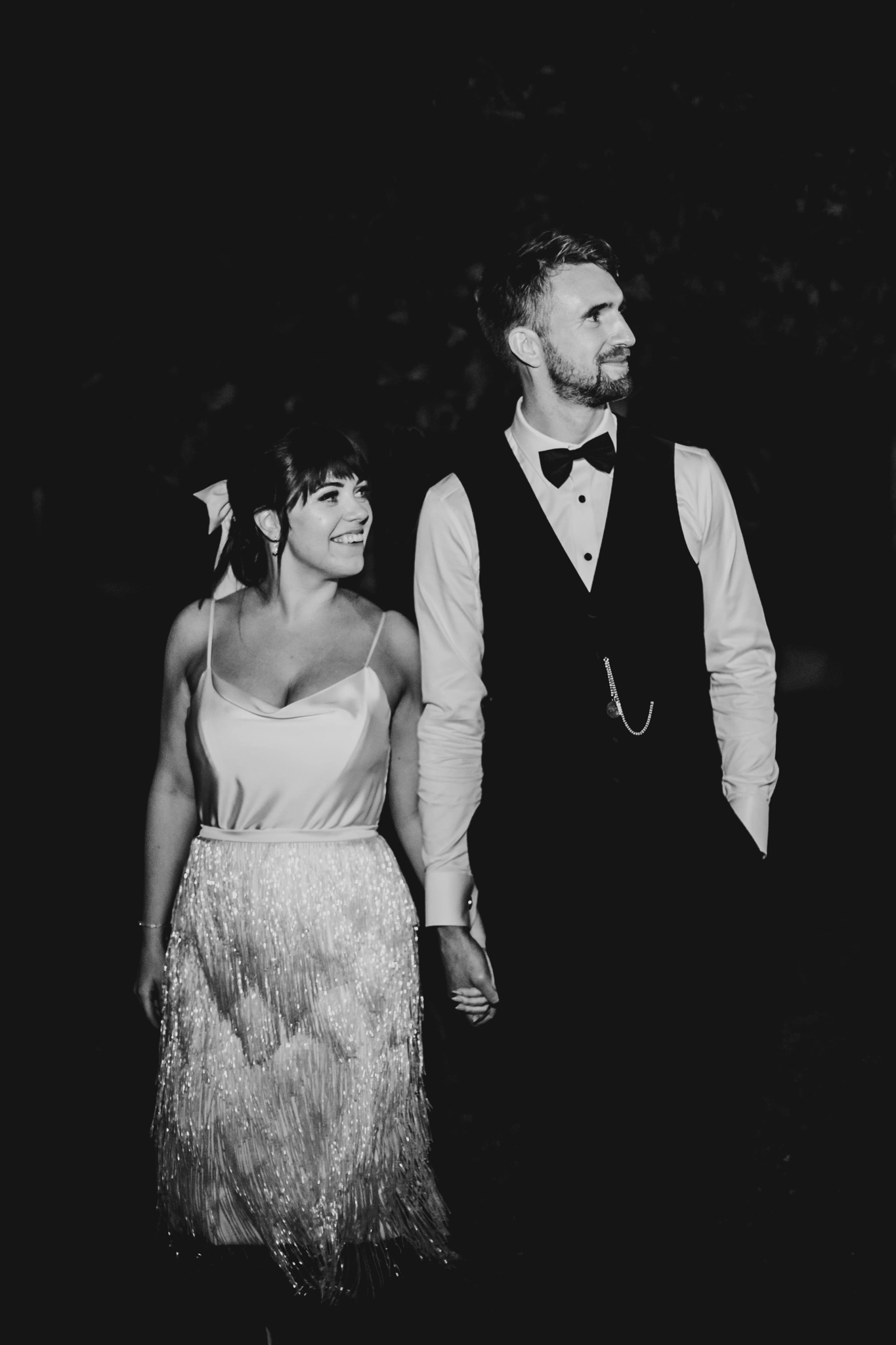 Custom vintage-style evening wedding dress with a beaded fringe skirt and silk bias-draped corset